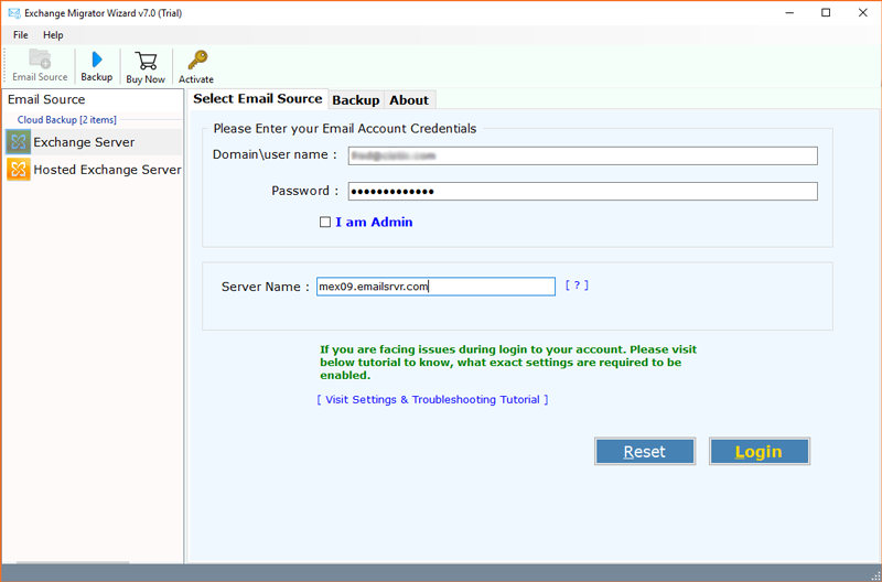 enter Exchange Server credentials