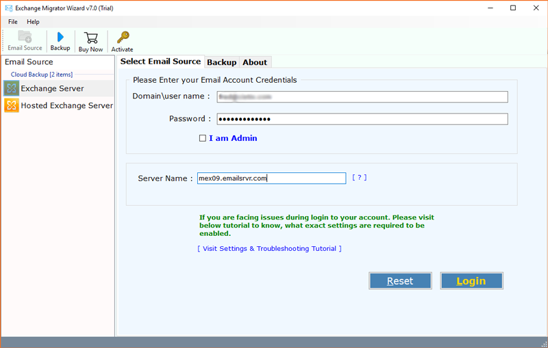 Enter Exchange Server login details