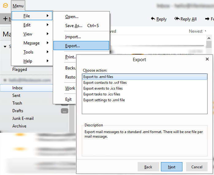 Run eM Client and export email messages